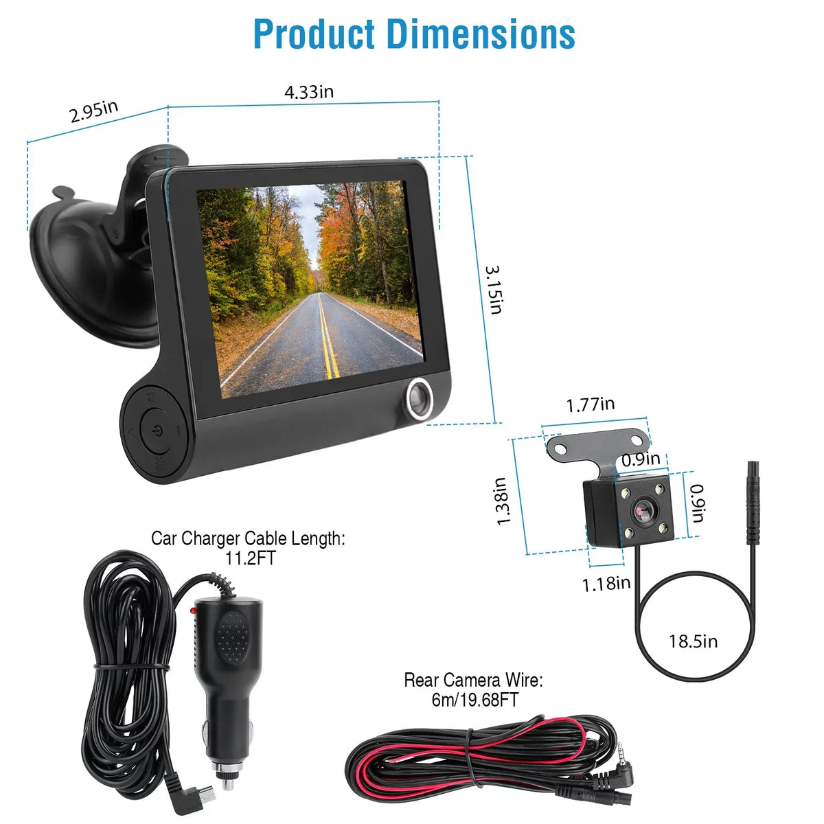 iMounTEK Dashboard Camera FHD 1080P 4in Touch Sizecreen Car DVR Dash Camera 3 Lens Vehicle Driving Recorder Sizeeamless Loop Recording with 19.68ft Rear Camera Wire, Black