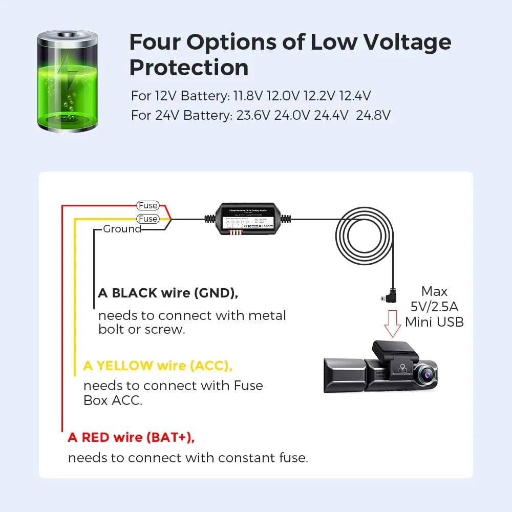 3-Lead Acc Hardwire Kit Mini-USizeB Port for M550 Dash Cam, 12ft with Fuse Kit, for Dash Camera 24H Parking Monitor