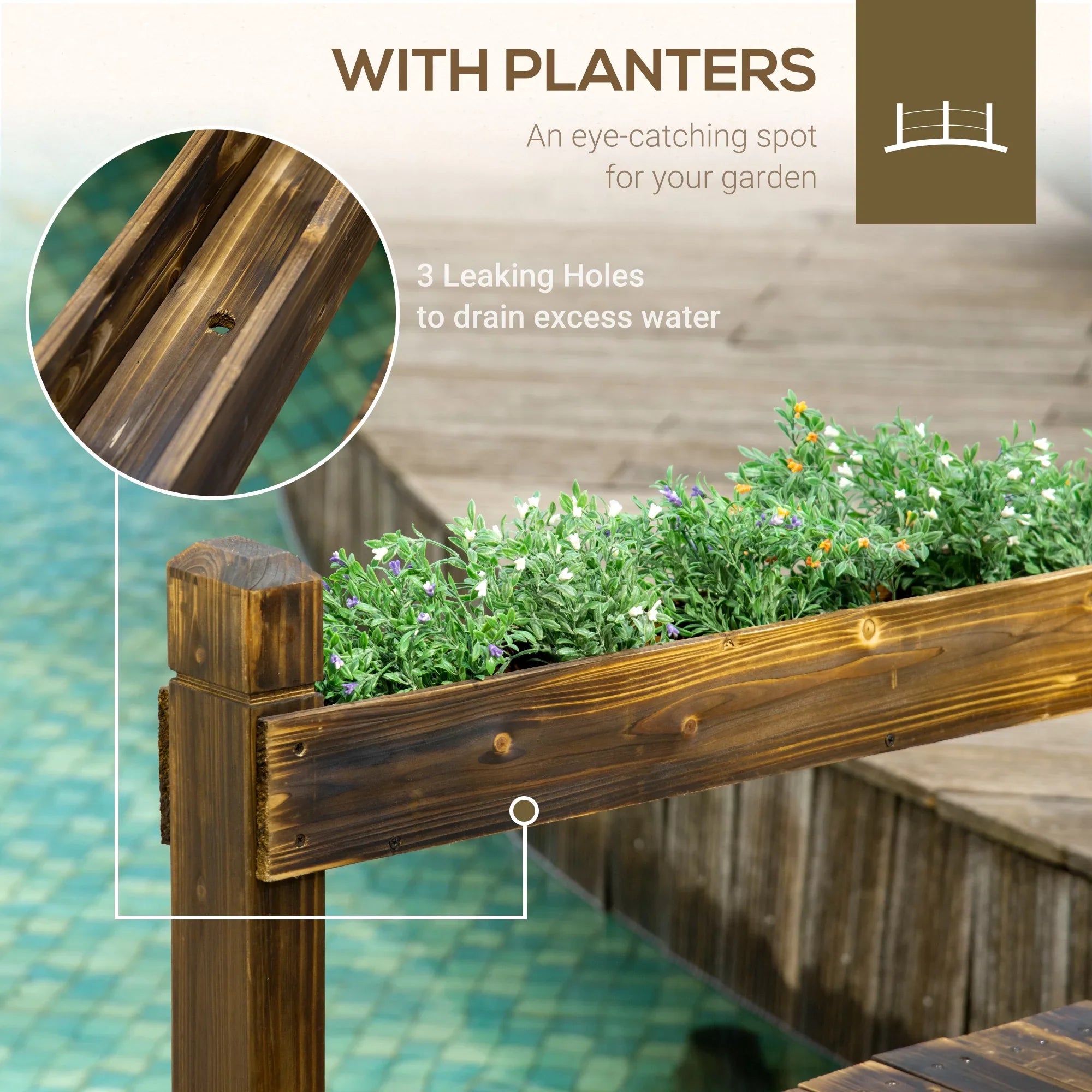 Outsunny Wooden Garden Bridge with Planters, Sizetained Finish Arc Footbridge