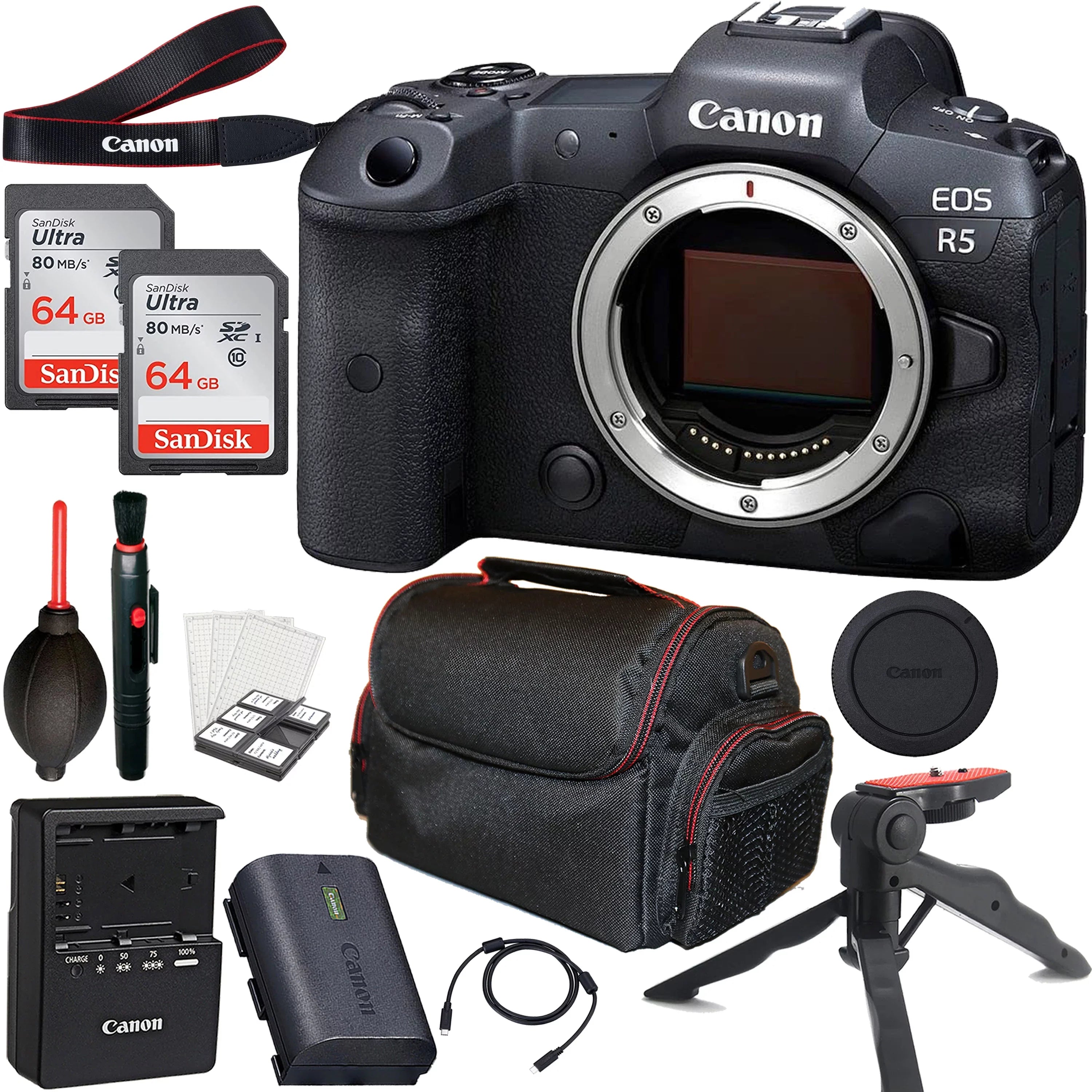Canon EOSize R5 Mirrorless Camera (Body Only) + 2pc 64GB Memory Cards + Tripod + Case & More