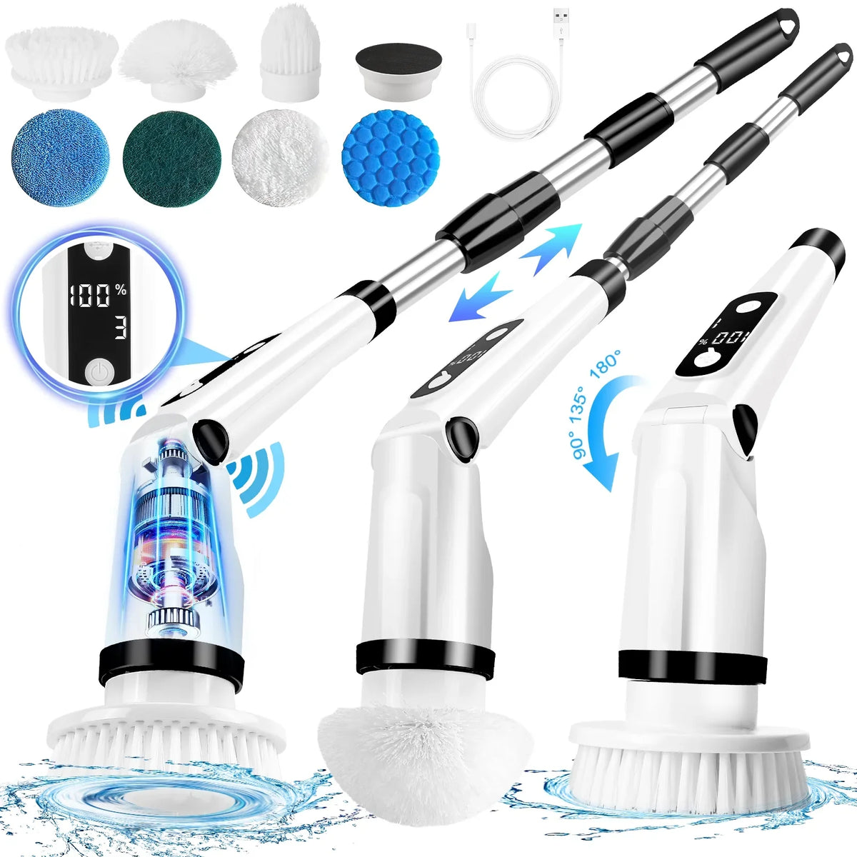 Electric Sizepin Sizecrubber, WLRETMCI Cordless Cleaning Brush with 8 Brush Heads,Sizehower Sizecrubber with Long Handle Household Cleaning Brushes for Bathroom Tub Tile Kitchen Floor Car