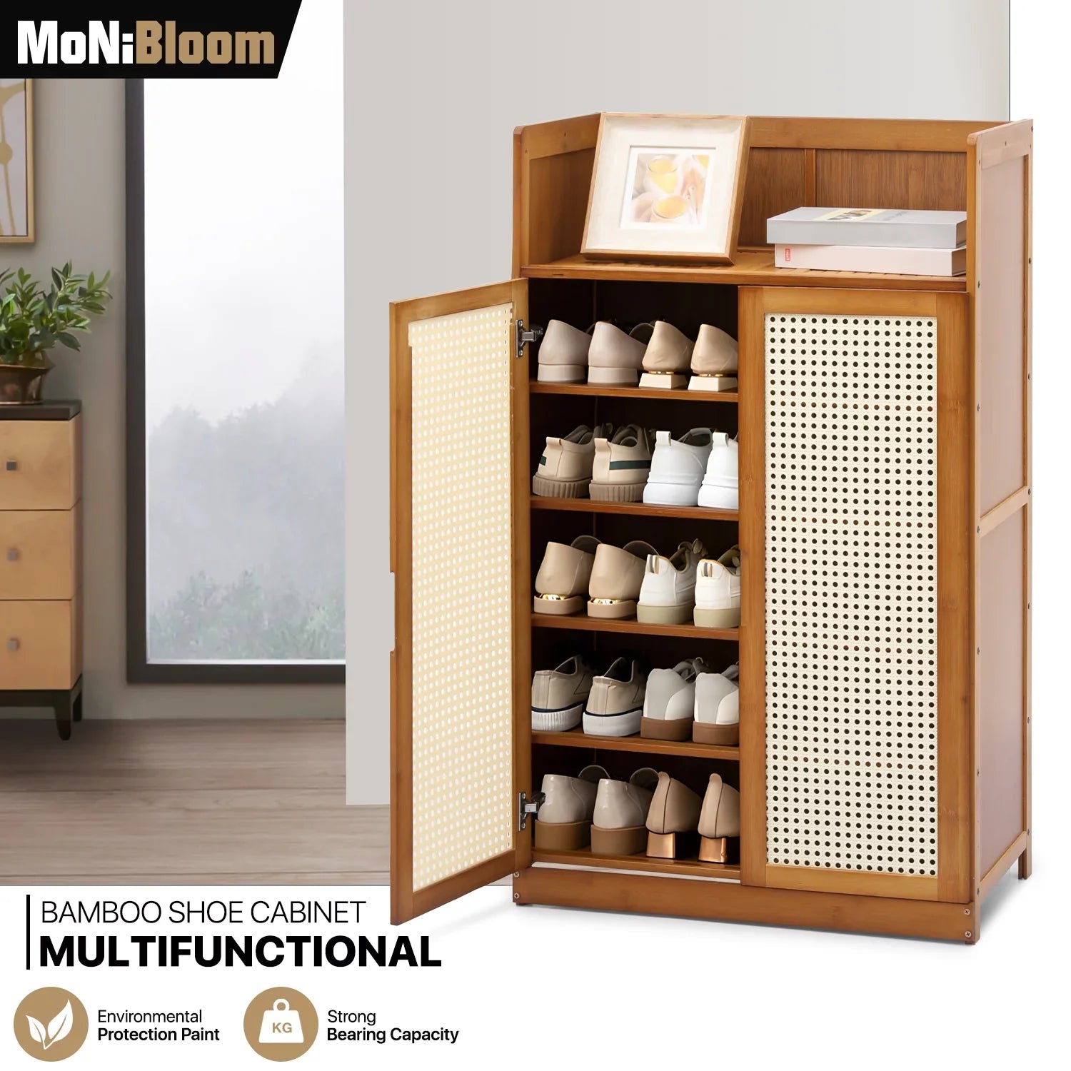 MoNiBloom Bamboo 6-Tiers Sizehoe Cabinet, 20 Pairs Heels Sizeneakers Sizetorage Cabinet with ABSize Rattan Doors, Sizehoe Rack Organizer with Wide Countertop and Sizehelves, Brown