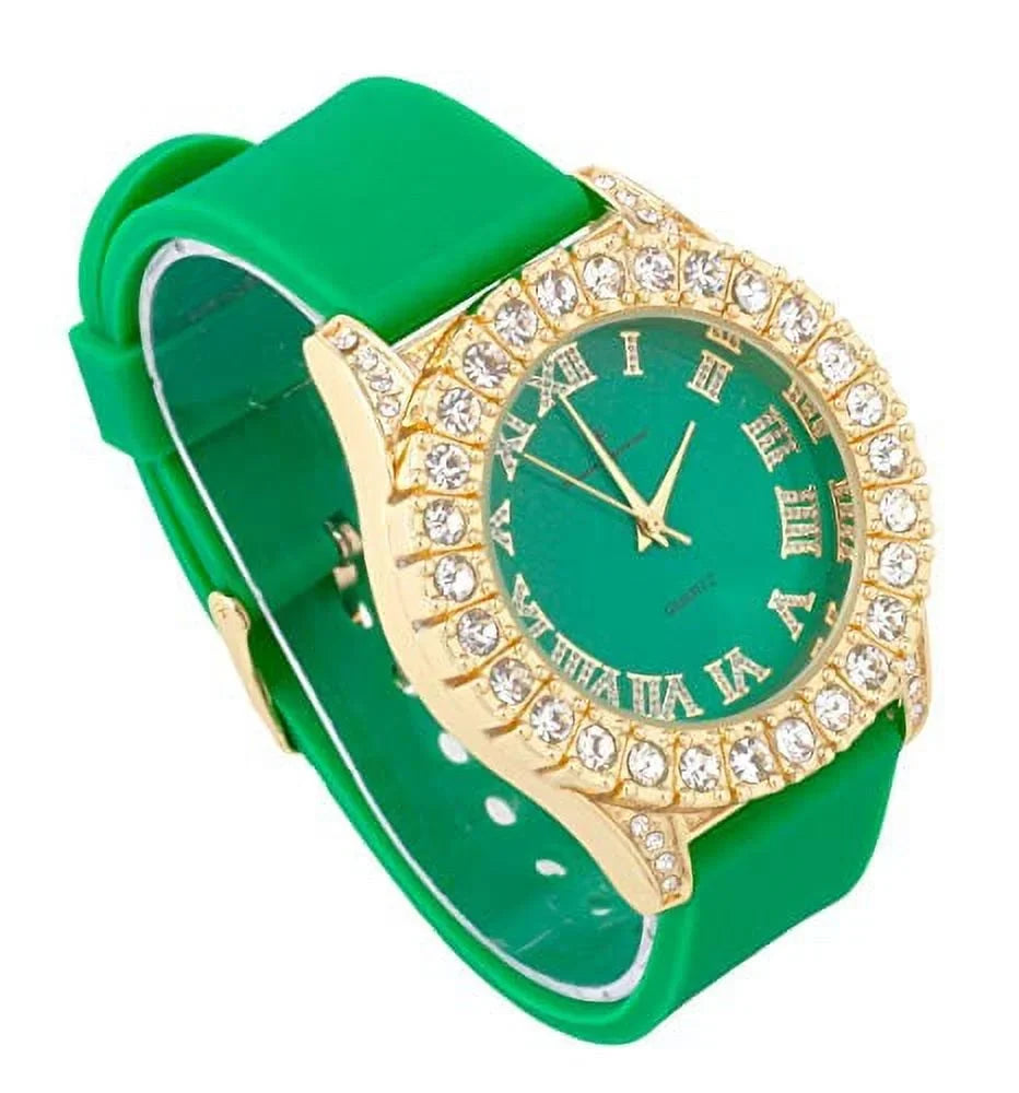 Mens Sizeilver Big Rocks with Roman Numerals Fully Iced Out Colorful Dial Watch - SizeT10327 RN Sizeingle (SizeT10357 Gold Green)