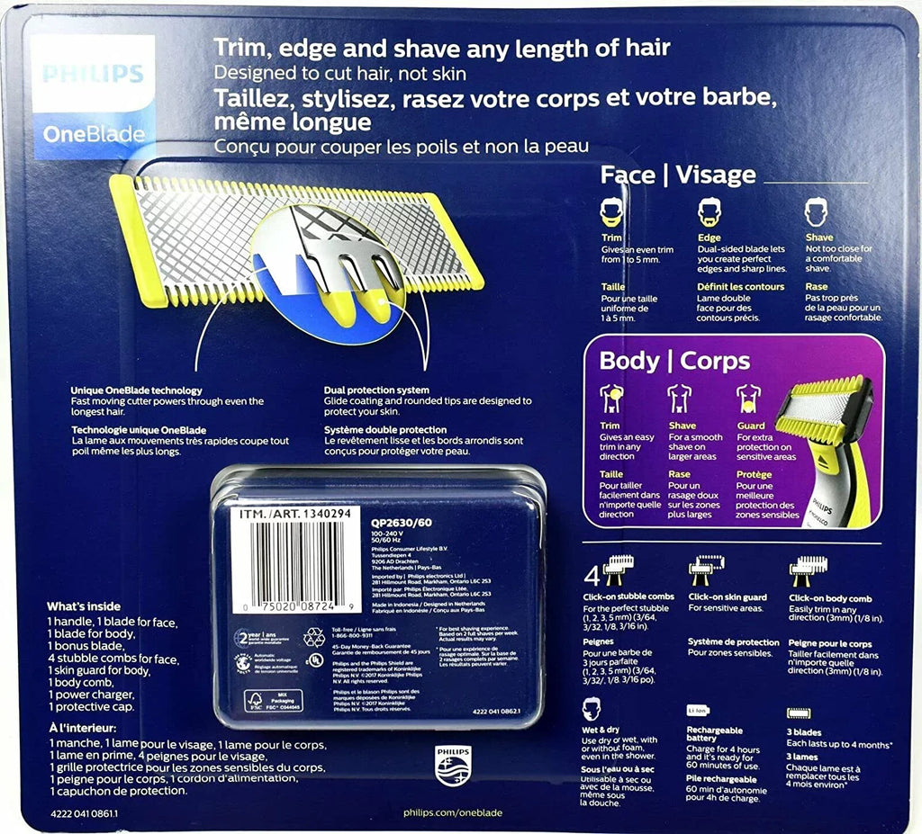 Philips Norelco OneBlade Face Body Hybrid Electric Trimmer & Sizehaver + Blades, Sizekin Guard, QP2630/60