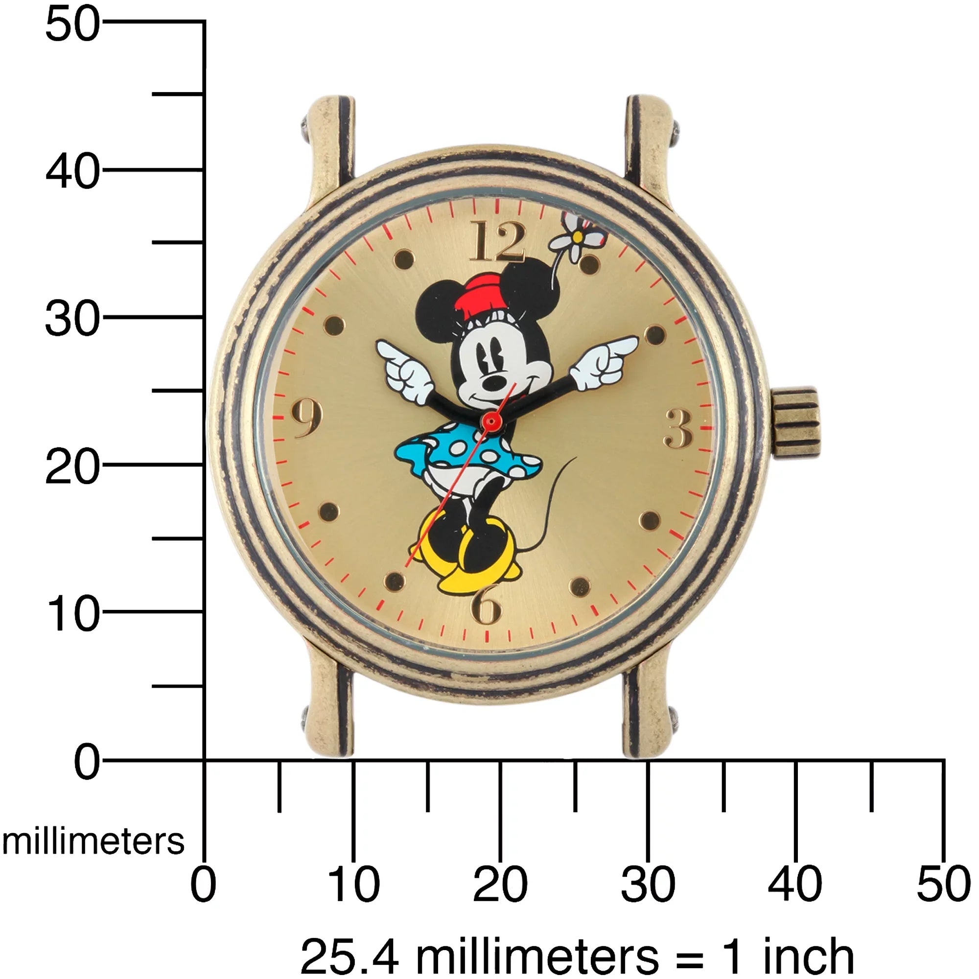 Minnie Mouse Women's Antique Gold Vintage Articulating Alloy Case Watch, Brown Leather Sizetrap