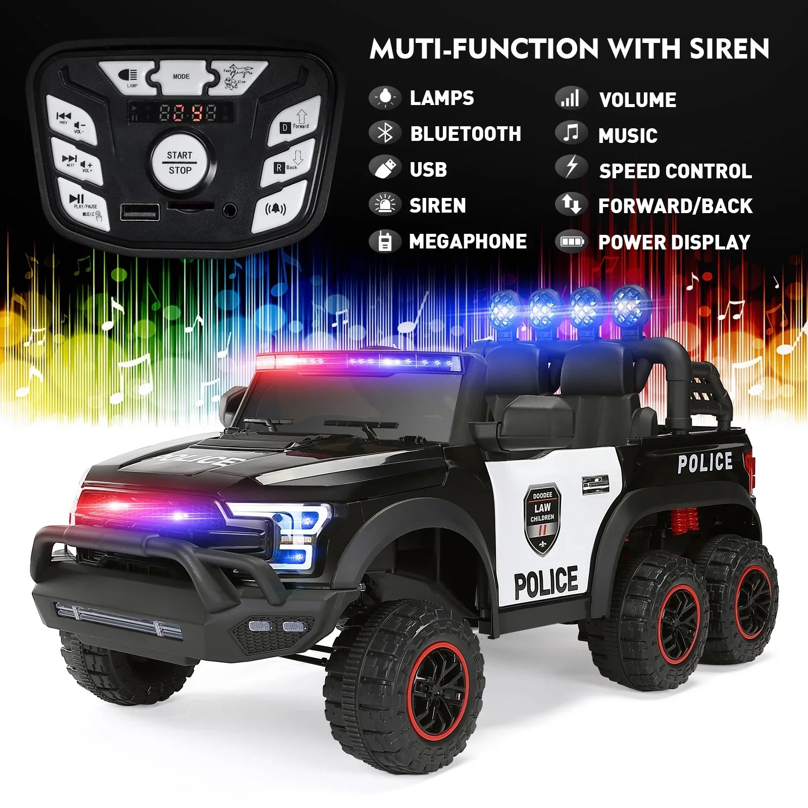 JOYLDIASize 6 Wheels 12V Kids Ride on Police Car Toy with Remote Control (Black)