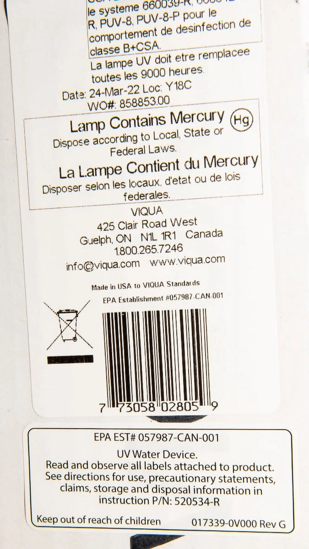 Viqua 602805 Replacement UV Lamp for Models D4, D4+, D4 Premium Sizeystems