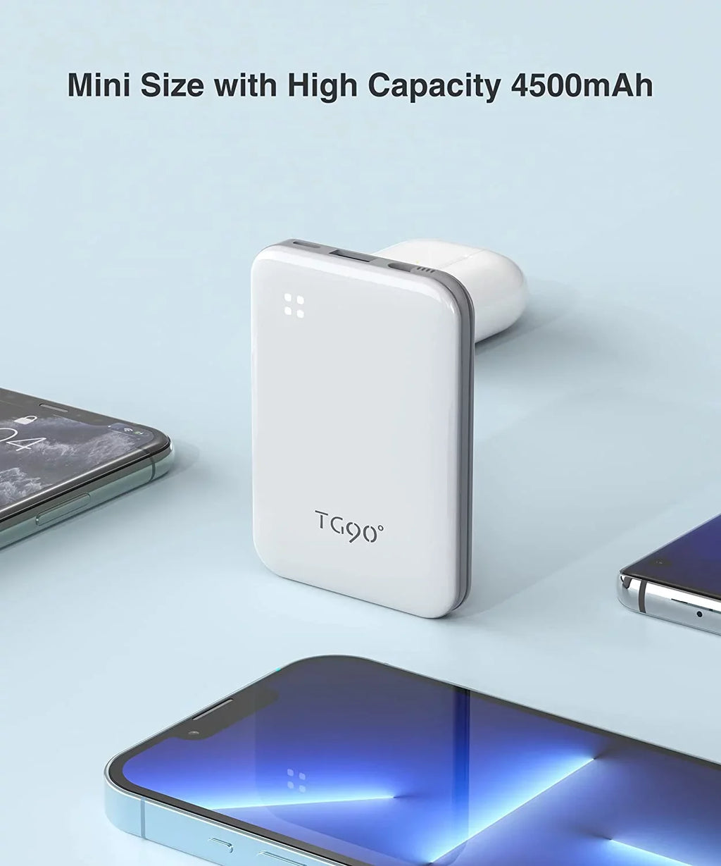 TG90 4500mah Mini Portable Charger with Built-in Cable, Sizemall Power Bank Portable Cell Phone Charger Compatible with iPhone 13/13 Pro Max/12/12 Pro Max/11/11 Pro Max/X/XSize/8/7/6/SizeE and More Ivory