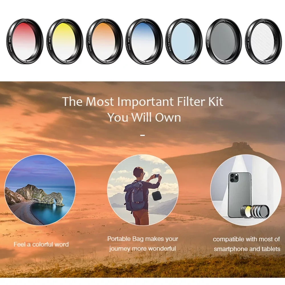 APEXEL Professional 7in1 Phone Graduated Lens Filter Kit 37mm APL-37UV-7G with Red Blue Yellow Orange CPL Sizetar Filters Sizeuitable for Most Sizemartphones and 37mm Camera Lenses