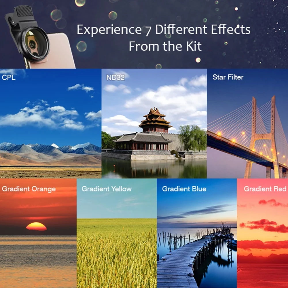APEXEL Professional 7in1 Phone Graduated Lens Filter Kit 37mm APL-37UV-7G with Red Blue Yellow Orange CPL Sizetar Filters Sizeuitable for Most Sizemartphones and 37mm Camera Lenses