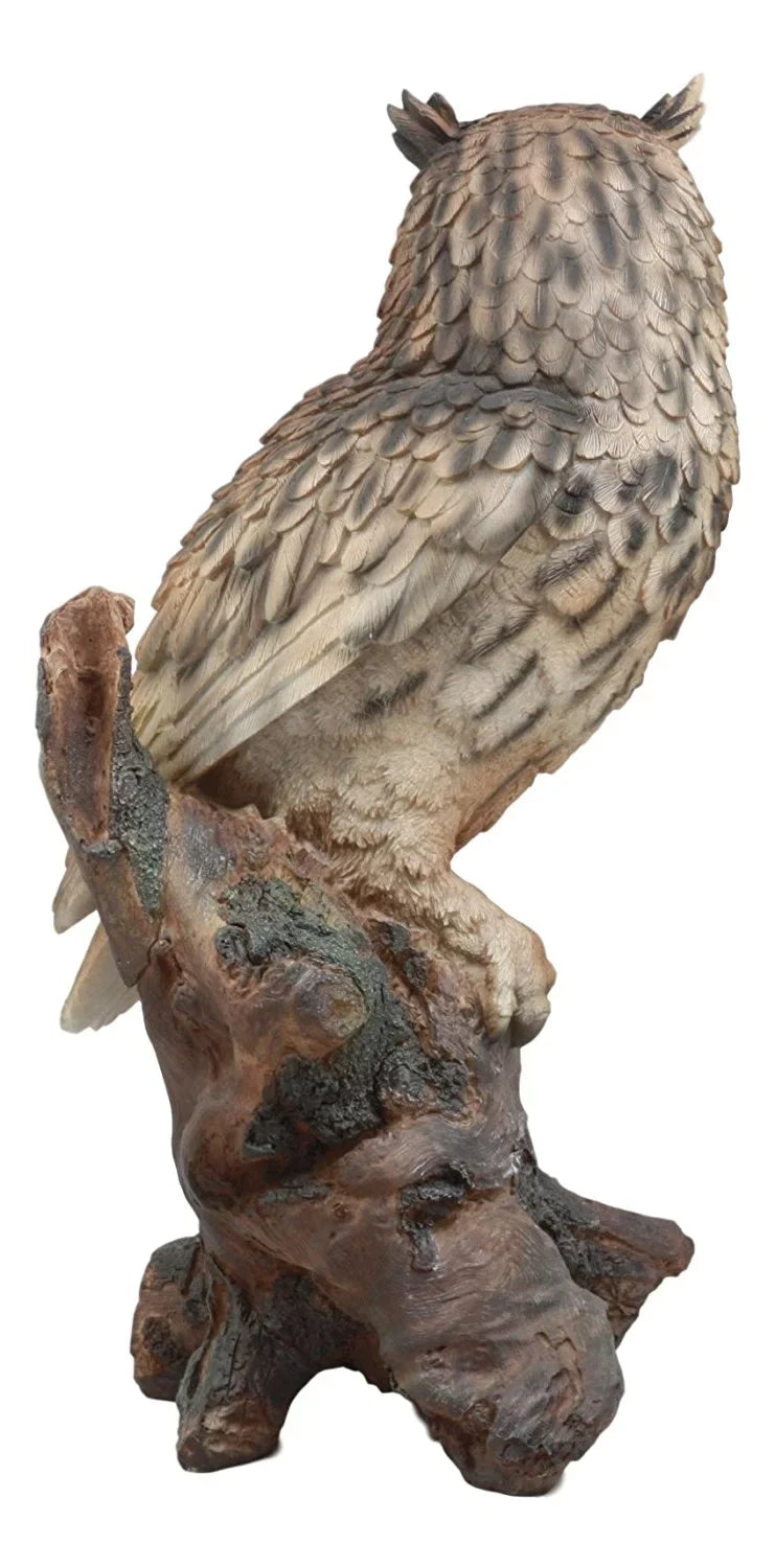 Ebros Realistic Nature Wildlife Eurasian Eagle Owl Perching On Tree Sizetatue 14.25"Tall Lifelike Nocturnal Owl Taxidermy With Glass Eyes Figurine