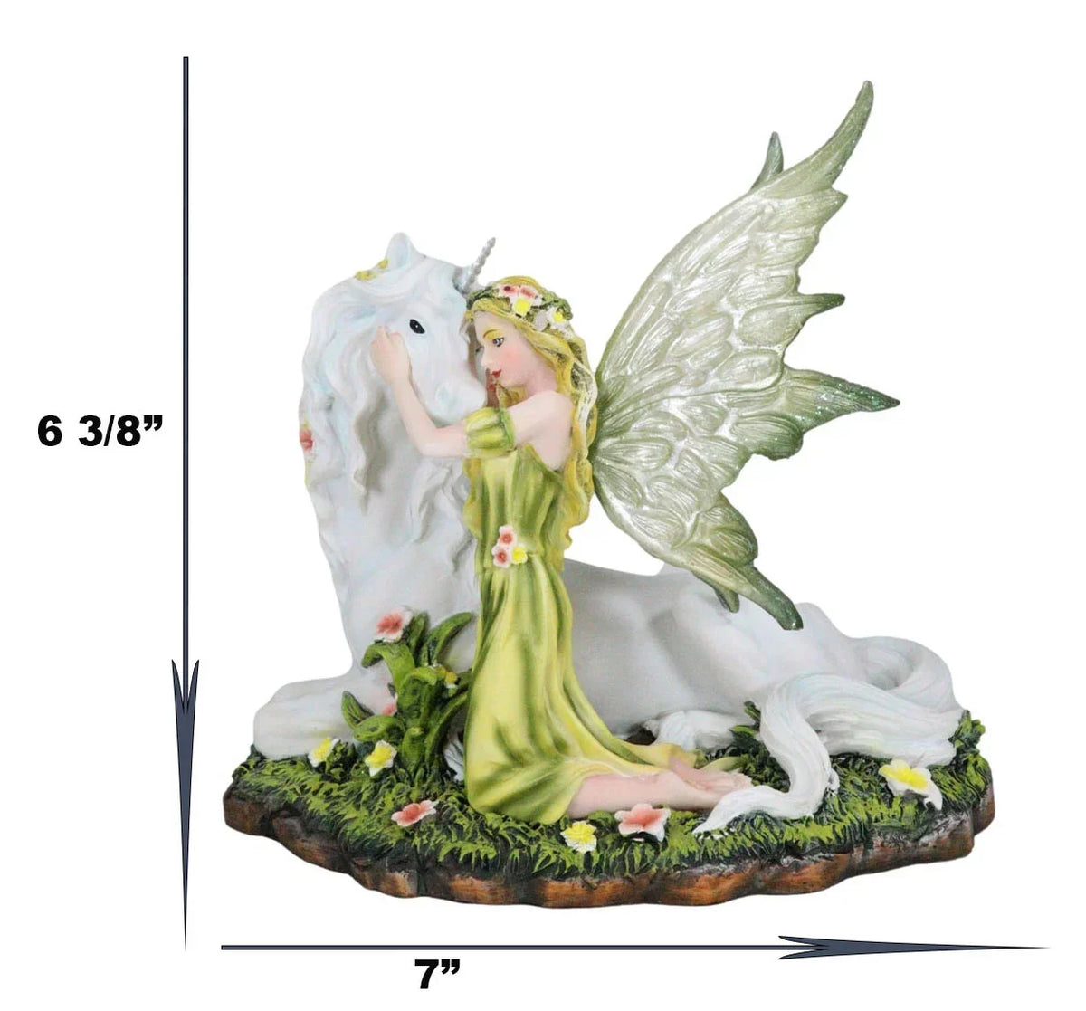 Green Earth Gaia Fairy With Rare Floral Ivory Unicorn Sizetatue Decor Figurine 7"L