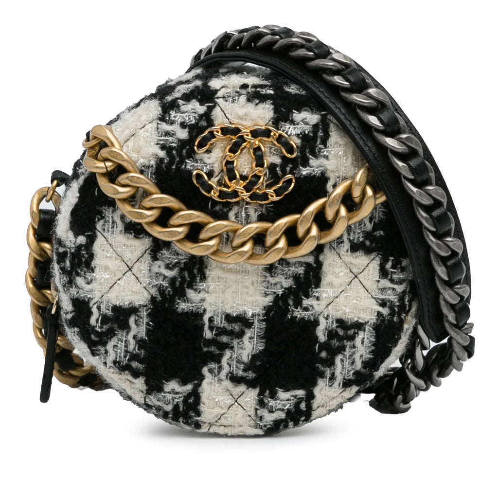 Pre-Owned Authenticated Chanel Round 19 Clutch with Chain and Lambskin Coin Purse Tweed Fabric Black Crossbody Bag Unisex (Good)